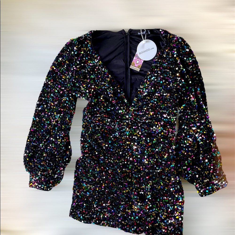 Tall Sequin Balloon Sleeve Plunge Mini Dress